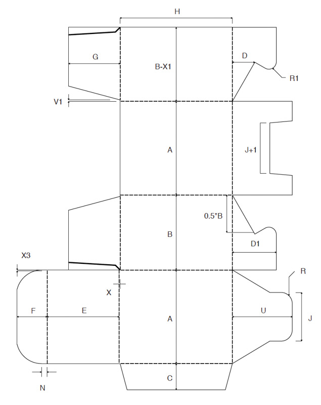Faltschachtel Verpackung ECMA A5520 4 Faltschachtel mit Steckboden und Einstecklaschen auf Klemmung technische Zeichnung